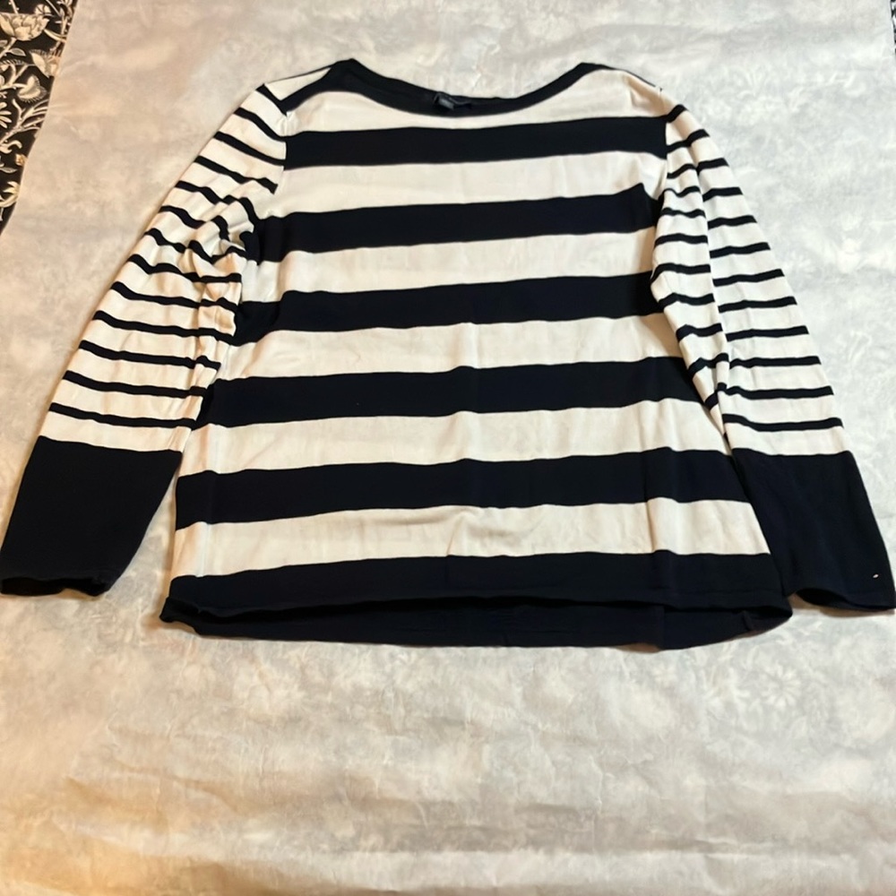Tommy Hilfiger, black and white horizontal striped long sleeve boatneck sweater